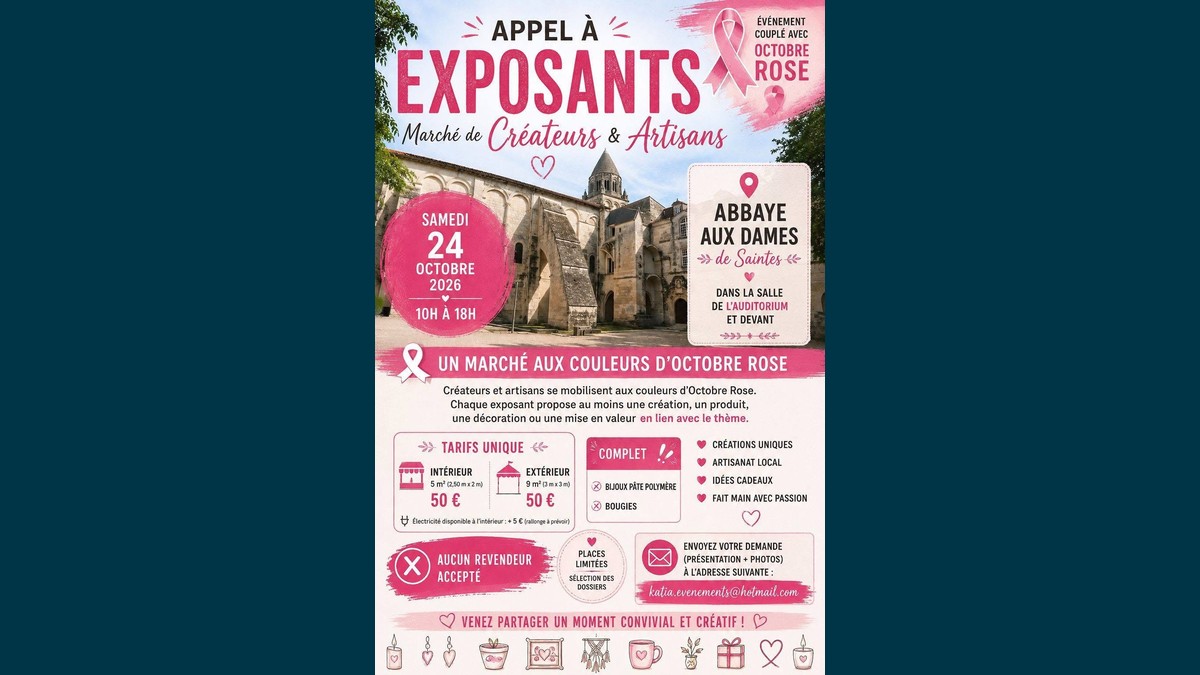 Marché de créateurs Saintes 2026 : spécial Octobre Rose à l'Abbaye aux Dames